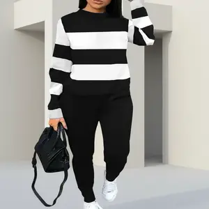 Women's Casual Activewear Set - Fall/Winter Slim-Fit Striped Contrast-Color Long-Sleeve Crewneck Sweatshirt & Matching Sweatpants Home & Leisure Tracksuit for Everyday Wear 2 piece sets women comfort sweat set