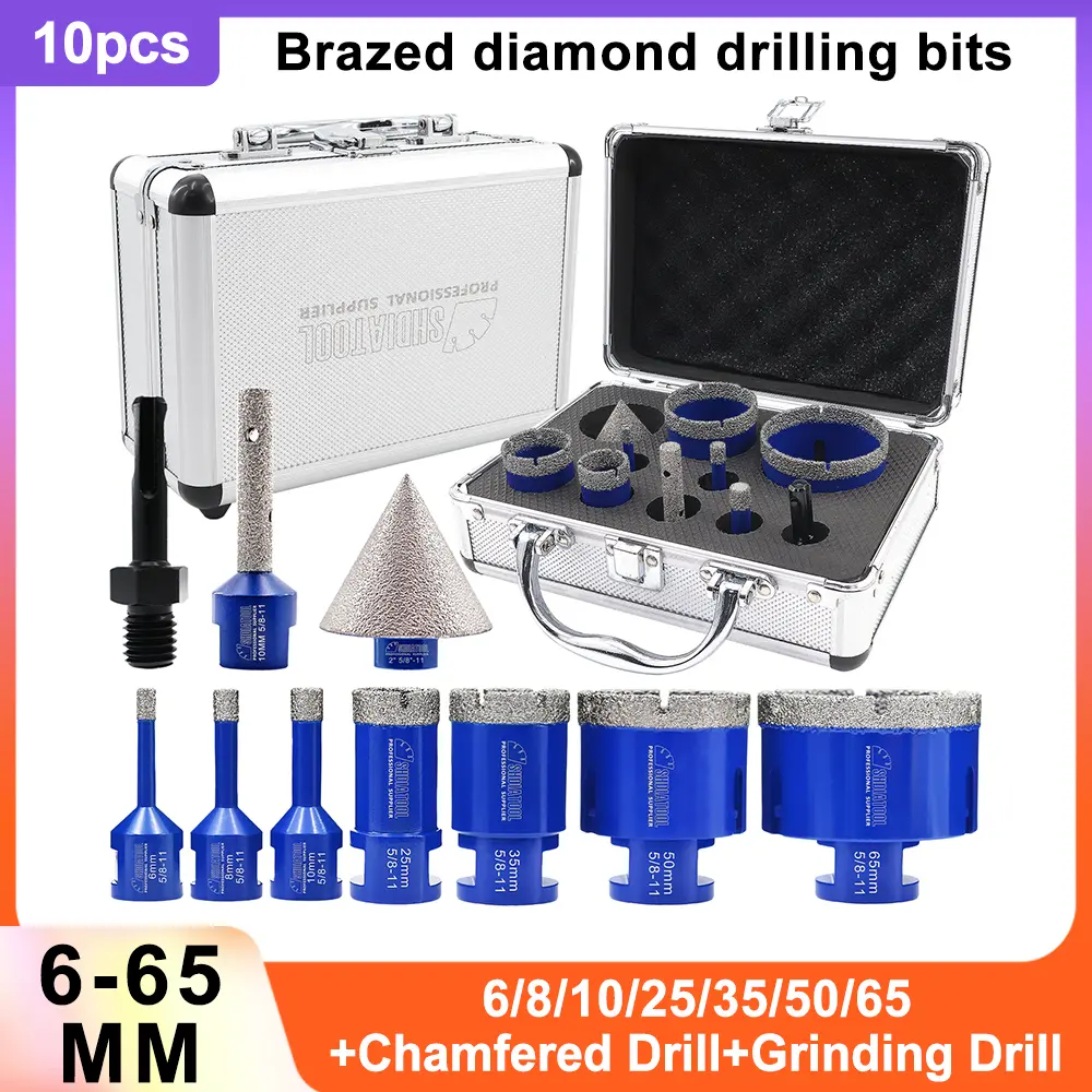 SHDIATOOL 10-Piece Diamond Coating Drill Bit Set, Chamfer Hole Saw Kit with 5/8"-11 Shank for Porcelain Tiles, Marble/Ceramic, Granite Milling, Diamond Coating Drill Bit Sets
