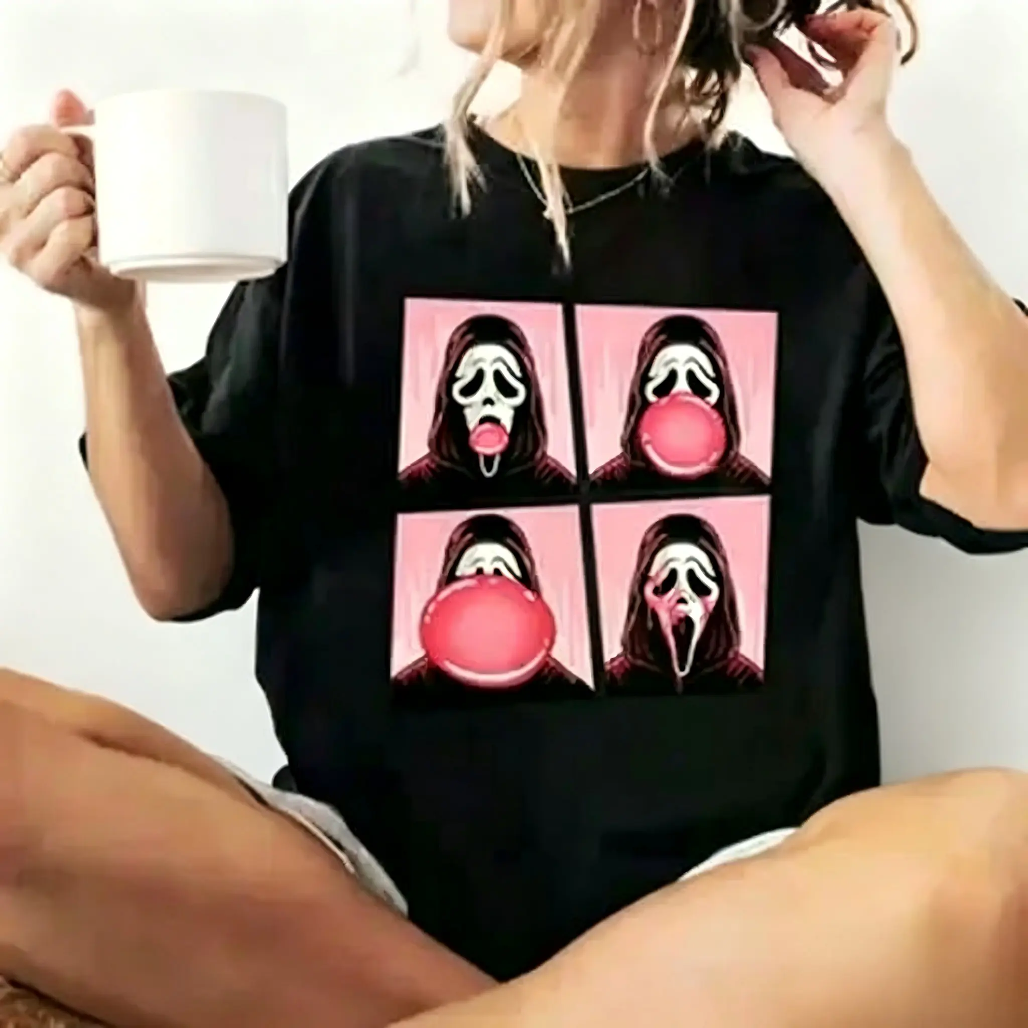 [100% Cotton] Ghostface Bubble Pink Gum Halloween Shirt, Scream Movie Halloween Shirt Top Womenswear Country Concert Outfits Vintage Graphic Tees Ghostface Summerween Comfort Shirt Halloween Crewnecks Top Black Casual Golf Gift T-Shirt For Men And Women
