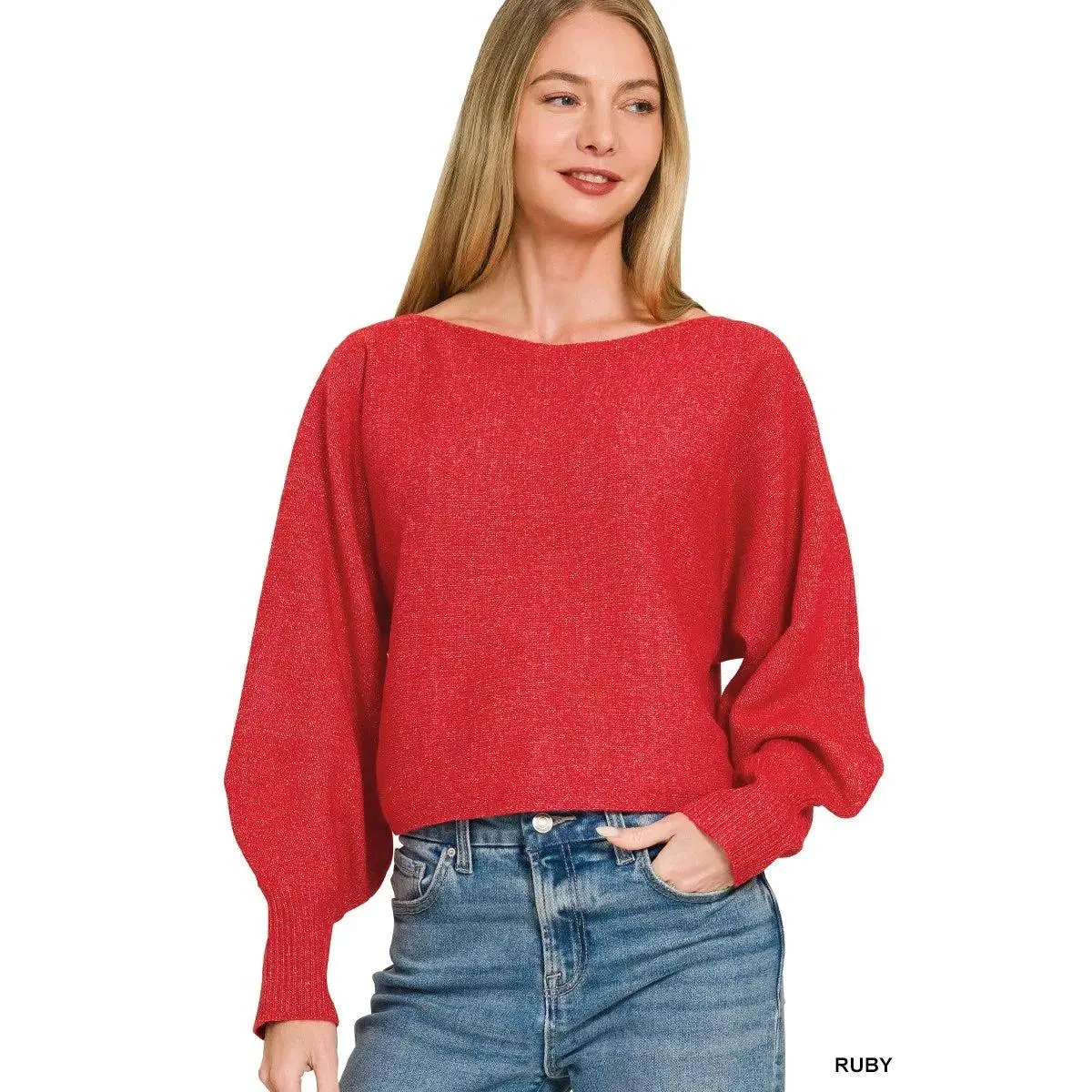 Zenana Boat Neck Balloon Sleeve Sweater