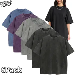 OVELA SHOP 1/6Pack Oversized GymVintage Tshirts Heavyweight Cotton Workout Acid Wash Baggy Tees Loose Fit Streetwear Basic Crewneck Minimalist