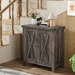 Farmhouse Entryway Storage Cabinet, Sideboard Buffet with Adjustable Shelves & 2 Sliding Barn Doors, Sturdy Accent Console Table, Large Storage Organizer for Kitchen, Dining Room & Living Room, Dark Oak Finish