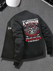 Men's Casual Pilot Jacket, Veteran Print, 100% Polyester Fiber, Zipper Sweatshirt, Stand Collar, Elastic Cuffs and Waistband, Fall/winter