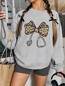 Cute Nurse Sweatshirt with Leopard Stethoscope Pattern, Round Neck Graphic Pullover, Casual Loose-Fitting Fall & Winter Wear for Women Womenswear