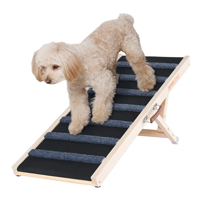 VEVOR Foldable Wooden Dog Ramp - 39.3" Long, 15"-22" Adjustable, Grooved Grip, 100 lbs Capacity, Car-Ready Ramp, 7 Crossbars Steady Climbs, 5 Height Levels for Sofas/Beds, Easy Access for Small-Large Pets