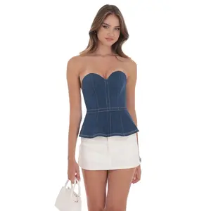 Strapless Peplum Denim Top in Blue