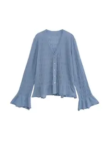 Women's V Neck Ruched Ruffled Layered Trim Knit Cardigan, Long Sleeve Button Front Slim Fit Sweater Coat, Casual Fashion Outerwear Fitted Solid Knitwear Womenswear Tops Lady