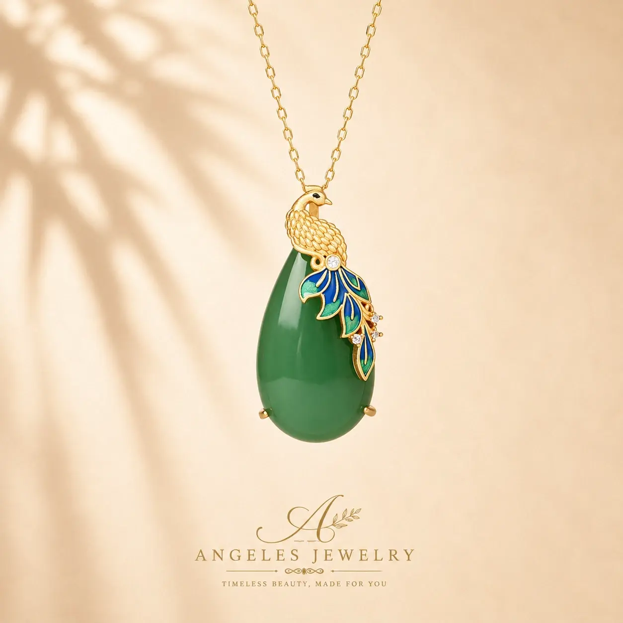 Peacock Green Jade Pendant Necklace 18K Gold Plated Chain Dainty Jewelry