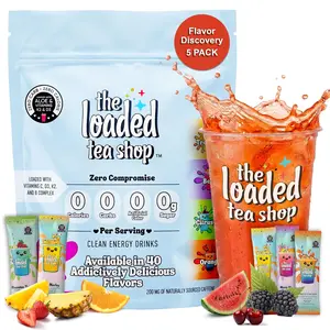 The Loaded Tea Shop Energy Drink Mix Sticks, Flavor Discovery 5 Pack, Sugar-Free, Zero Calories, 200mg Natural Caffeine, No Artificial Colors/Flavors, Powder Packets w/ B Vitamins - Energy Drink Alternative