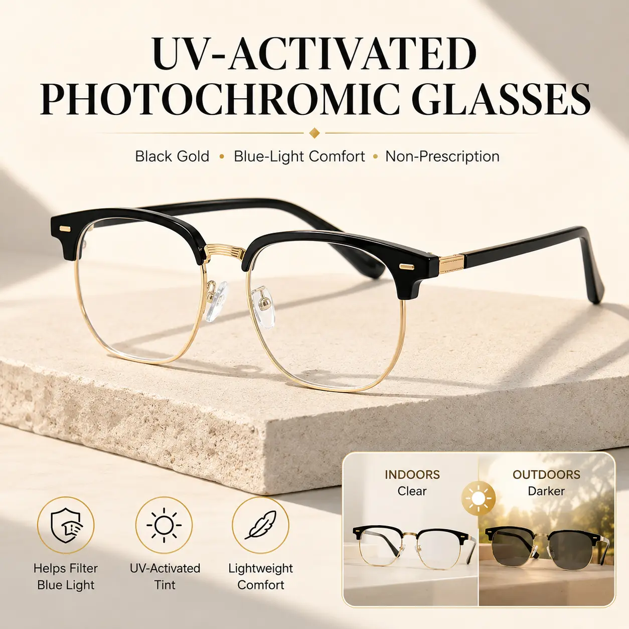 Fashion UV-Sensitive Photochromic Blue Light Glasses, Plano Clear-to-Tinted UV Lenses, Lightweight Black Gold Full Frame with Case and Cleaning Cloth, Optical Eyewear, High-Quality Plano Lenses