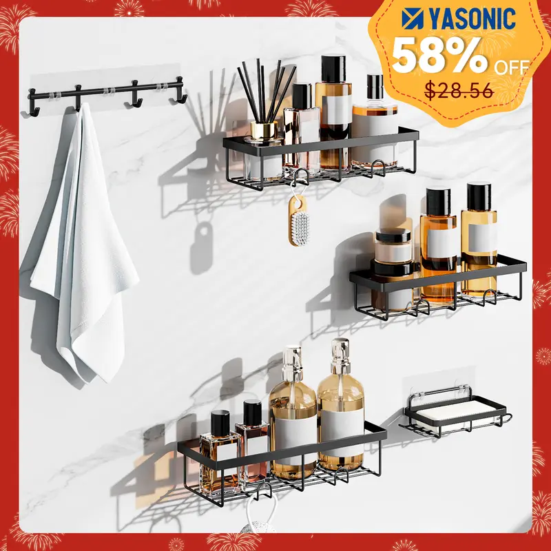 YASONIC Modern Metal Bathroom Accessory Storage Rack Set - 5/6-Piece Wall-Mounted Punch-Free Durable Shower Organizer, Easy-Maintenance Bathroom Gadgets for Home Space Utilization Enhancement