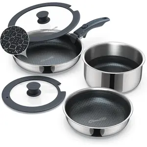 6- Hybrid Stainless Steel Pots and Pans Set Non Stick, Tri-Ply Stainless Steel Cookware Set with  and Detachable Handle, PFOA Free Kitchen Skillet for  Cooktops, Dishwasher Safe