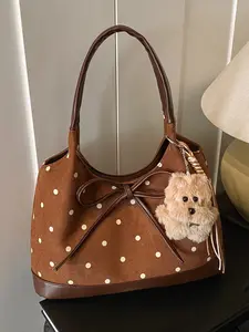 Classic and stylish large capacity textured polka dot Handbag Tote Bag, adorned with bow ties and plush dog ornaments, with a retro and elegant style, suitable for daily commuting, shopping, parties, and dates