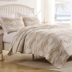 Greenland Home Fashions Dover Natural Coverlet Set – 3-Piece, Medallion Stitch, Neutral Bedding