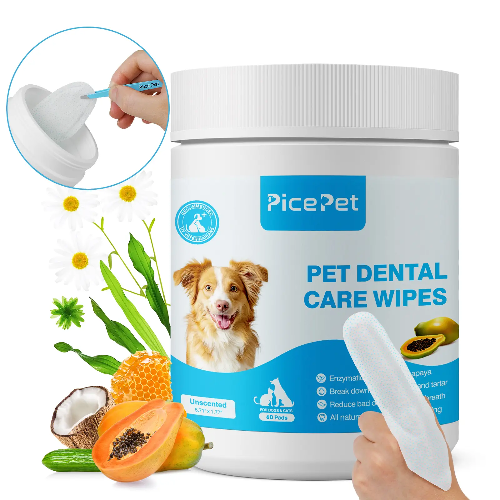 Pet Dental Wipes 60pcs Enzymatic Finger Teeth Cleaner Wipes for Dogs & Cats – Hygienic Green Tea Extract & Coconut Oil – Reduce Plaque, Tartar, Freshe
