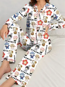 Kpop Tour Comeback Satin Pajamas Set, Idol Chibi Sleepwear, Button Up PJ Set, Cute Nightwear Gift for Kpop Fans