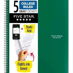 Five Star Spiral Notebook + Study App, 5 Subject, College Ruled Paper, 8-1/2" x 11", 200 Sheets, Fights Ink Bleed, Water Resistant Cover, Forest Green (72079)