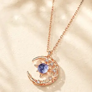Moon Star Crystal Pendant Necklace for Women Girls Rose Gold Silver Plated Dainty Crescent Moon Necklace with Sparkly Inlaid Stones Fashion Jewelry Gift for Valentines Day Birthday Anniversary Daily Wear Party, Crystal Necklaces, Moon Element Necklaces