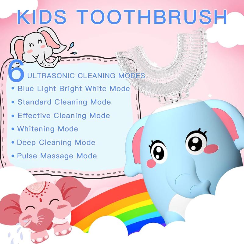 Kids Electric U Shaped Toothbrush Children Rechargeable Sonic Toothbrush Toddler baby toothbrushes with1-4 Brush Heads Full Mouth 6 Cleaning Modes Oral hygiene