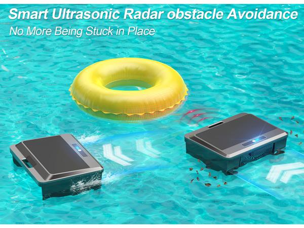 Robotic Pool Vacuum Cleaner, Solar Powered Robotic Surface Cleaner with Remote Control Dual Charging Options Smart Obstacle Avoidance 12 Hours Continuous Cleaning, Ideal for Above/In-Ground Pools up to 33 FT in Length Y90, Automatic Pool Cleaner, 4L Top-L