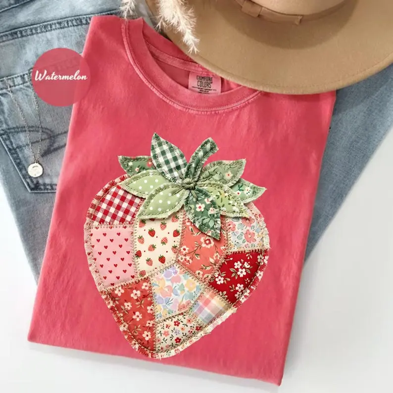 Patchwork Strawberry T-Shirt, Quilted Farmhouse Berry Tee, Rustic Gingham Floral Design, Cottagecore Aesthetic, Vintage Print, Summer Tee