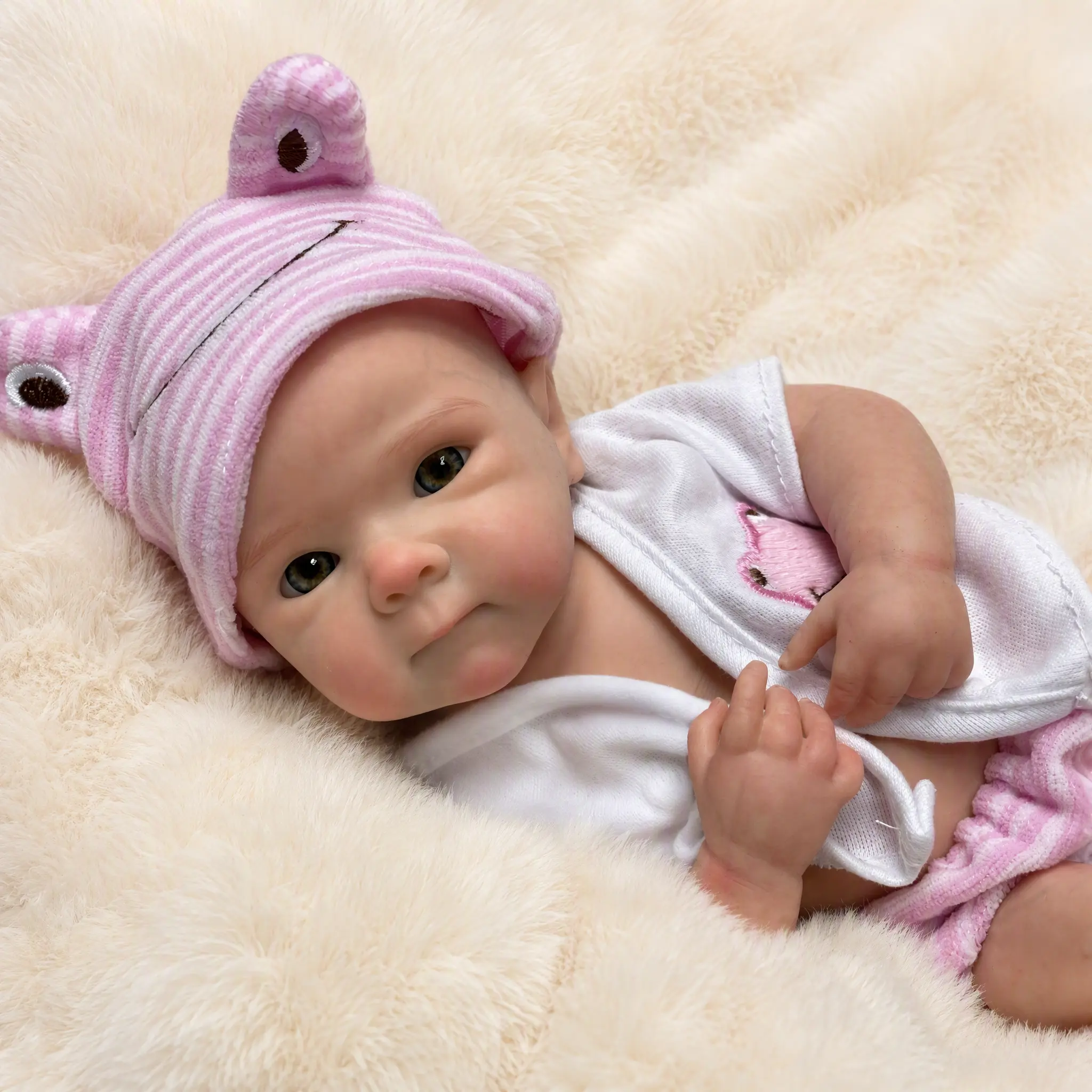 13in / 33cm Soft Full Body Silicone Reborn Baby Doll -With Adorable Frog Hat & Smile Embroidery, Soft Touch Realistic Newborn Girl Doll, Lifelike Open Eyes Cute Infant, Perfect Birthday Christmas Gift for Kids Children Girls Age 3+