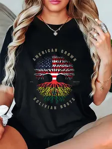 100% Cotton Unisex American Grown Bolivian Roots Bolivia Flag Round Neck Short Sleeve T-Shirt Women's Men Graphic Tee