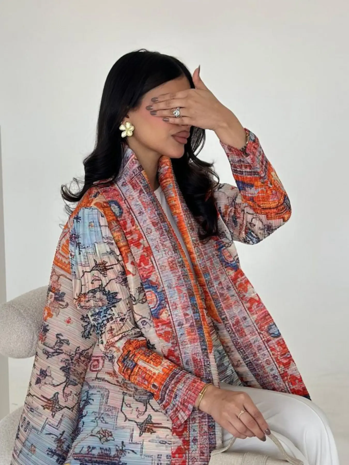 Printed Long Sleeve for Women, Abayas for Eid, Abaya Outer Robe, Loose-Fitting Ethnic Coat with Belted Pleats, Ideal for All Seasons & Festive Occasions