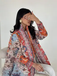 Printed Long Sleeve for Women, Abayas for Eid, Loose-Fitting Ethnic Coat with Belted Pleats, Ideal for All Seasons & Festive Occasions