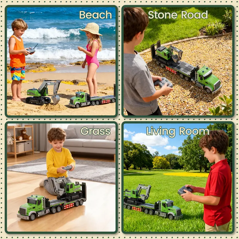 Egofuntoy 1:12 RC Semi Truck & Excavator Backhoe Car Toy Set - ABS Plastic, 2.4GHz 11-Channel Remote Control Vehicle, Removable Rechargeable Flatbed Trailer with Lights & Sound, Auto-Demo Mode, Cool Christmas Gifts for 8-10Y Boys, Kid Stuff for Boys
