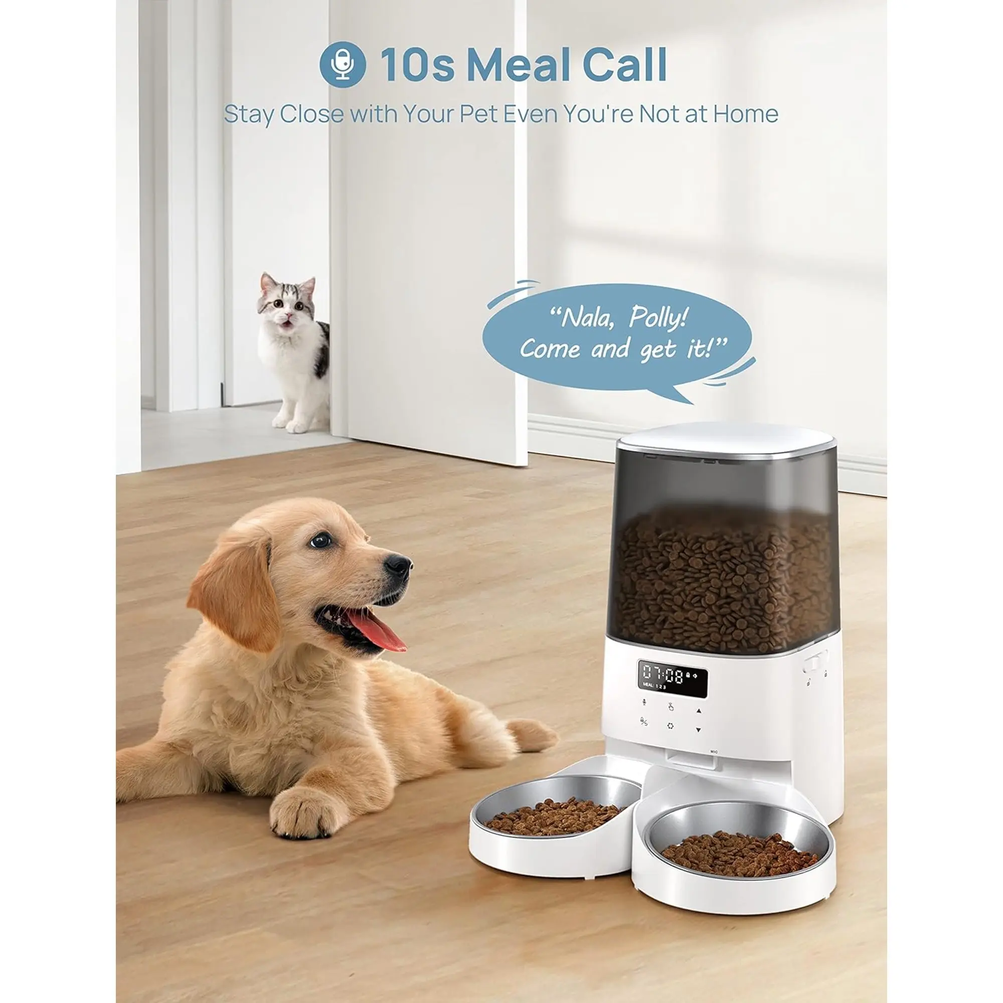 Automatic Cat Feeder (Metal+PE), 5L Anti-Clog Timed Bowl/Dish with Double Bowls, 48 Portions, 6 Meals/Day, Memory Function, 10s Meal Call, D-Size Battery Power Supply, Dual Power Protection, Customized Healthy Diet Safe and Reliable Feeder for Cats, 5 L