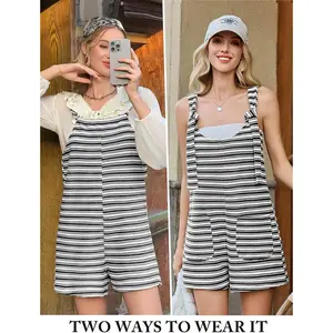 Women's 2025 Summer Casual Sleeveless Loose-Fitting Striped Overalls Jumpsuit with Tied Shorts, Pockets, Comfortable Womenswear, Striped Pattern