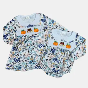 Fall  New Pumpkin Print Long Sleeve Sister Outfits - Matching Dress + Romper Set for Toddlers/Kids | Cute Kids Clothes Sibling Outfits