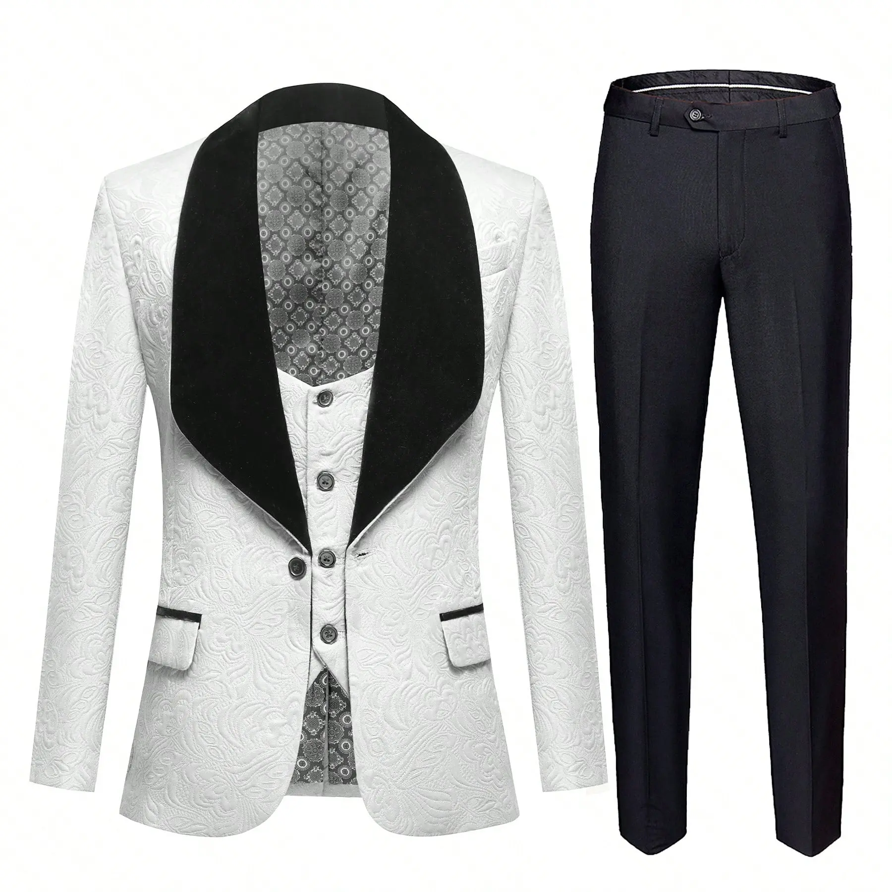 Gentlemen's Three-Piece White Jacquard Tuxedo Ensemble Slim-Fit Single-Breasted Shawl Collar Jacket With Matching Vest And Trousers