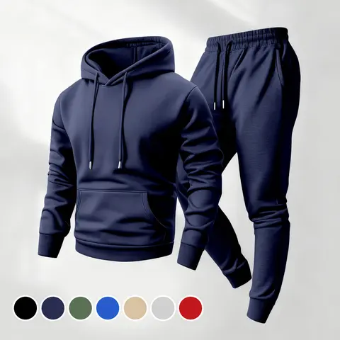 Men's 2-Piece Soft Fabric Matching Tracksuit - Long Sleeve Hooded Jacket, Drawstring Track Pants, Minimalist Activewear Set for Fall Winter Daily Wear, Leisure Sports Suit, Lounge Sweatsuits, Menswear Activewear