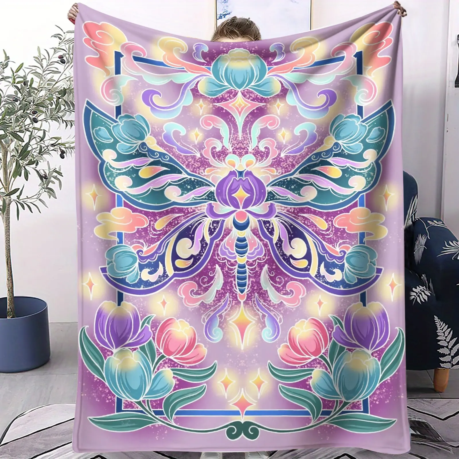 Colorful Dragonfly Print Flannel Blanket, Soft Comfortable Home Office Travel Camping Blanket, Air Conditioning Room Warm Sleep Blanket