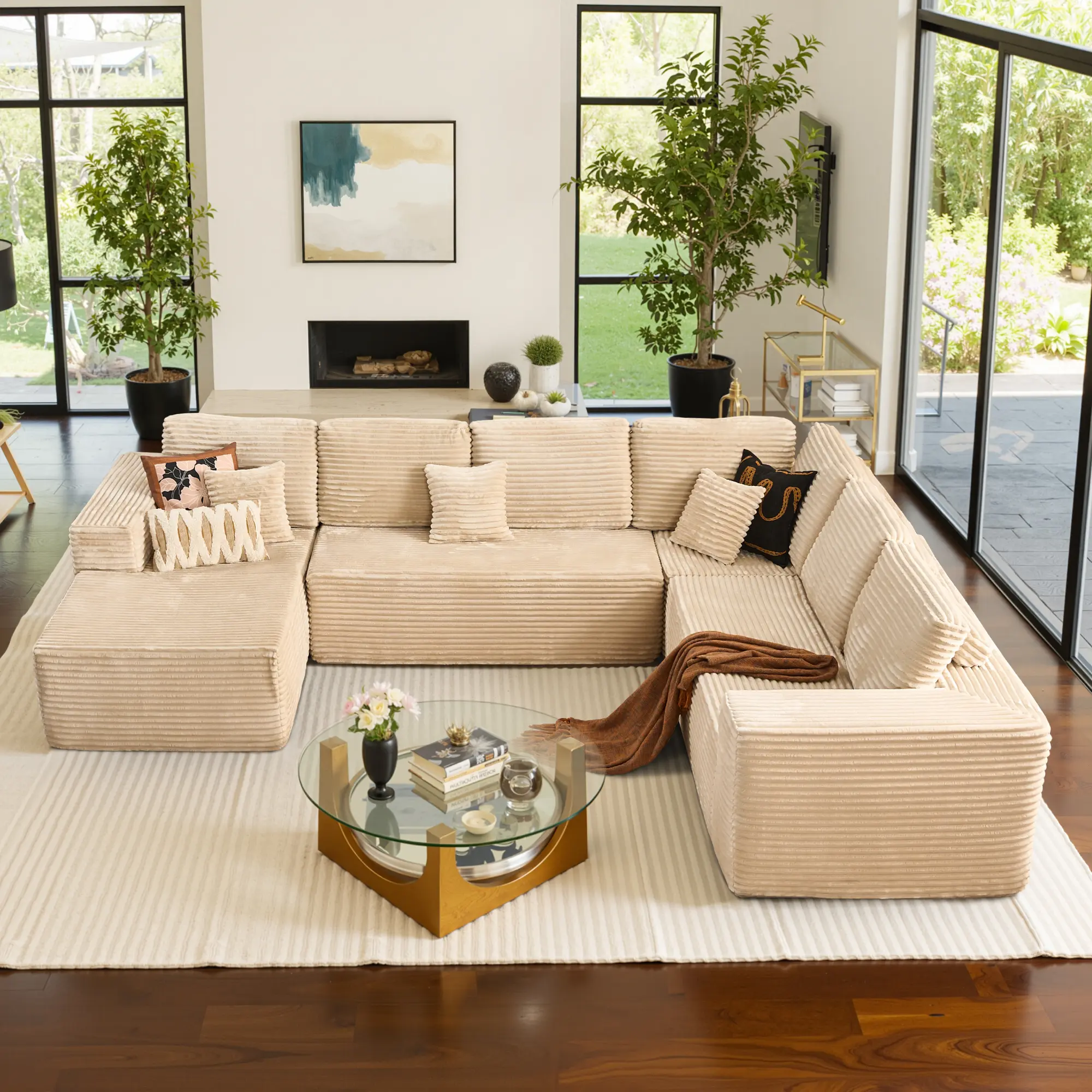 ALLWEX 135" Modular Sofa for Living Room, Modern Corduroy Sectional Couch with Deep Seat Chaise Lounge, Oversized Floor Sofa with Plush Upholstery, Comfortable Lounge Seating, No Assembly Required, Sofas Living Room