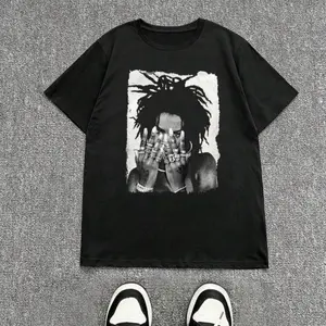 Women Figure Print Casual Loose Fit Round Neck Short Sleeve T-Shirt Black Polyester with Slight Stretch - Tops, Womenswear Streetwear  Crewneck Comfort Fabric Summer Tshirt