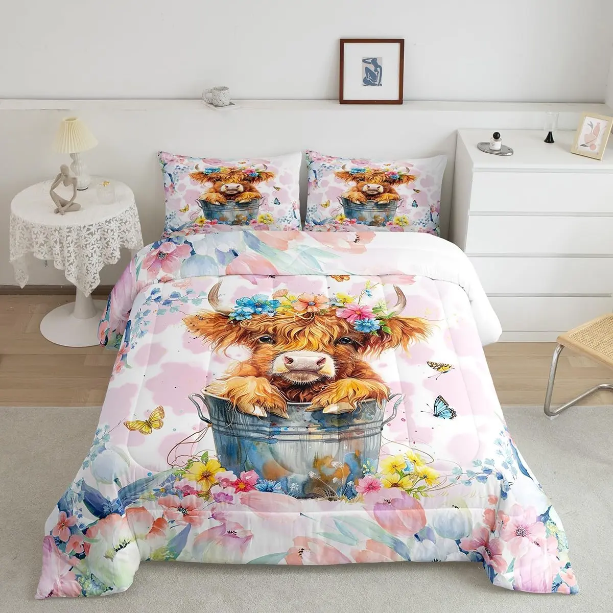 Feelyou Highland Cow Comforter Set - Twin/Full Size Breathable Soft Cow Pattern Bedding, Flower Printed Floral Quilt for Bedroom Home Decor, Breathable Soft Blanket, Cow Pattern Blanket