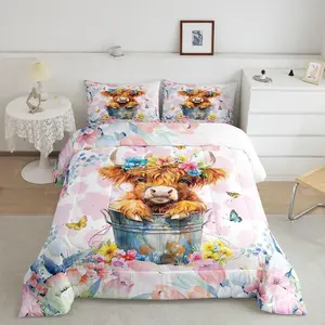 Feelyou Highland Cow Comforter Set - Twin/Full Size Breathable Soft Cow Pattern Bedding, Flower Printed Floral Quilt for Bedroom Home Decor, Breathable Soft Blanket, Cow Pattern Blanket