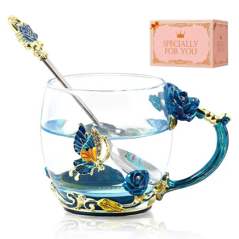 Lead-Free Enamel Finish Glass Coffee & Tea Mug Set with Spoon - Blue Butterfly Rose Kitchen Drinkware Cup, Single Cup Gift for Female Friends, Mother’s Day Celebrations