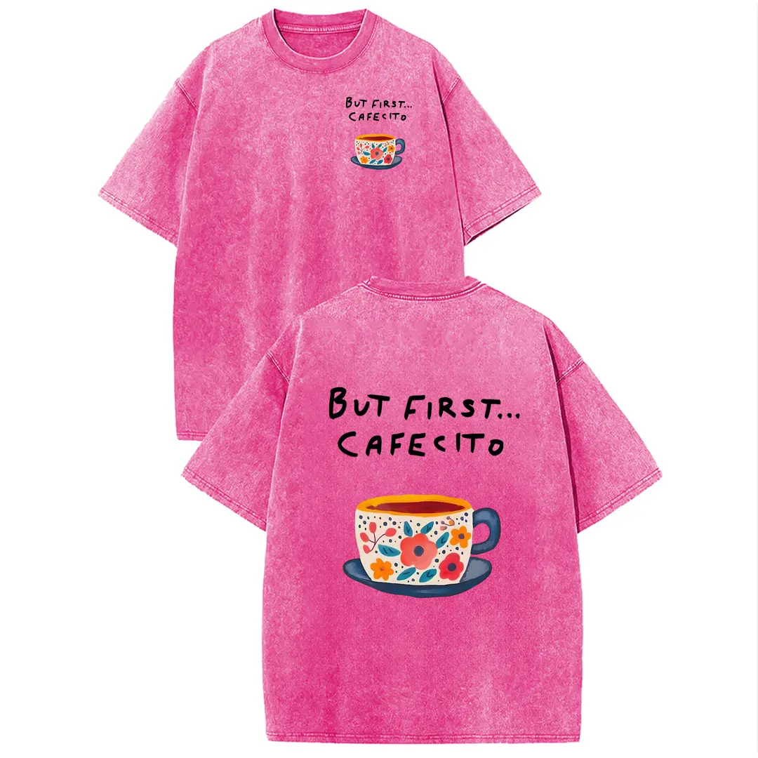 Oversized "But First Cafecito" T-Shirt for Women, Vintage Graphic Top in Soft Cotton Fabric, Casual Shortsleeve Streetwear, Apparel, Baggy