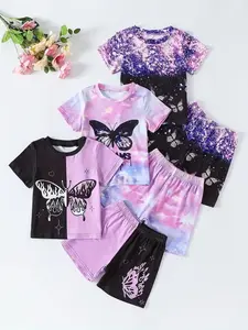 3-Piece Girls' Set, Knit Butterfly Print Round Neck Short Sleeve Top, Colorblock Butterfly Print Shorts, Summer Outdoor Wear