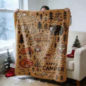 A Cozy Camping Flannel Blanket - Soft And Warm Camping Throw, Perfect for Home Or Travel Camping, Featuring Tent, Campfire, And Pine Tree Designs - a Comfortable Style Bedspread, Ideal Gift for a Camper'S Birthday