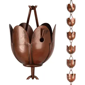 6ft Durable Antique Copper Rain Chain with 17 Large Lotus Cups, Decorative Rain Catcher Downspout Replacement for Gutter Outdoor Drainage & Outdoor Eaves