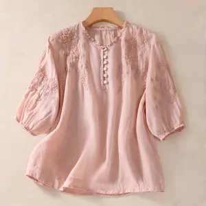 Spring Tops for Women 2026 3/4 Sleeve Pink Puff Sleeve Solid Button Crew Neck T-Shirts Trendy Blouses