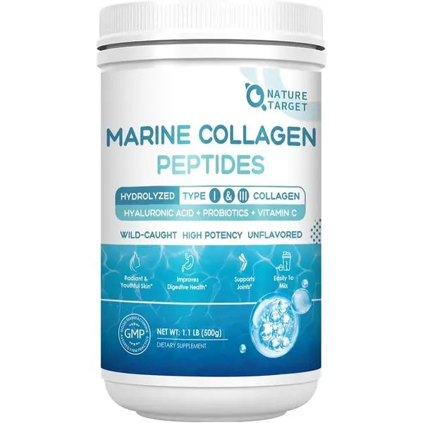 NATURE TARGET Marine Collagen Powder for Women - Multi Collagen Peptides with Hyaluronic Acid & Vitamin C for Hair, Skin, Nails & Joints - Wild-Caught Fish & Grass-Fed Bovine, 50 Servings
