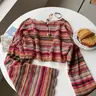 【Black Friday】Women's Colorful Striped Textured Loose Fit Knit Top with Flare Long Sleeves, Casual Comfortable Fashion Top for Spring & Fall, Knit Pullover for Vacations, Knitwear & Womenswear