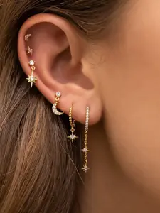 Star Moon Dangle Huggie Mini Hoop Lightning Bolt Studs Earring Single Ear Sets Sterling Silver Gold Chain Earrings Cartilage Studs Small Huggie Earrings for Women Stud Earrings Jewelry (pack of 6)