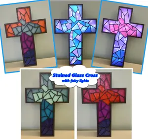 Stained Glass Cross with Fairy Lights  - Elegant Design - Christian Gift - 7 Unique Designs - Made in USA
